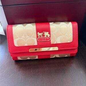 Coach Red Trim Signature Canvas Continental Wallet